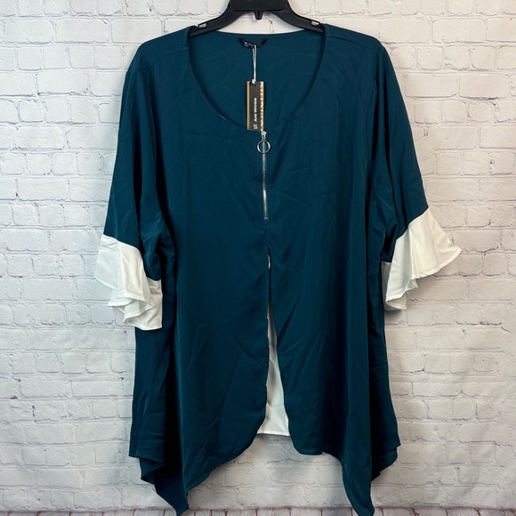 BloomChic Teal and Cream Blouse with Zipper Detail Plus Size 5X - Picture 2 of 7